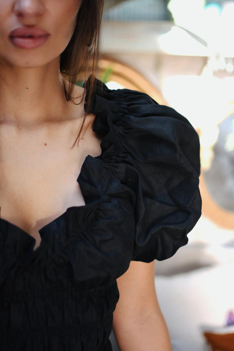 
                  
                    Vestido corto de lino negro con escote corazón, mangas abullonadas y cuerpo elasticado, detalle del elasticado.
                  
                